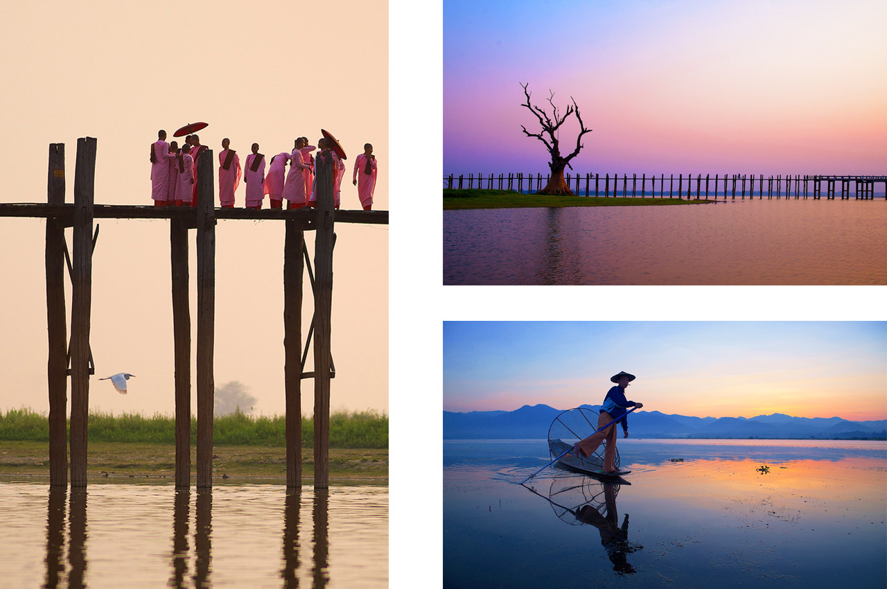U Bein Bridge, Mandalay and traditional fisherman on <br>Inle Lake, Myanmar-Burma ©2017