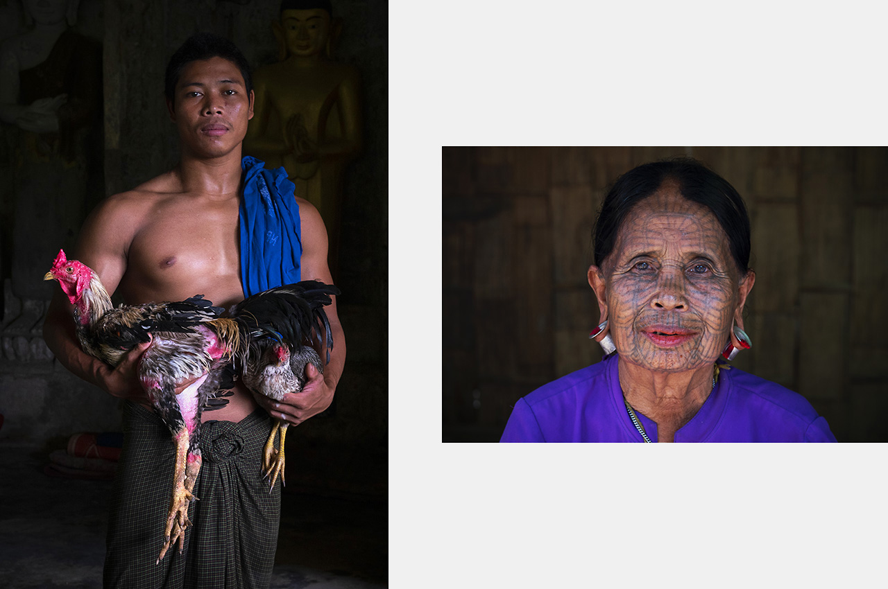 (left image) A farmer has taken refuge in the monastery since his village got flooded during a monsoon. (right image) The "Spider Woman" one of only six alive in a remote area who have full facial tattoos depicting a spider web design tattoo. Rakhine State, Myanmar ©2018